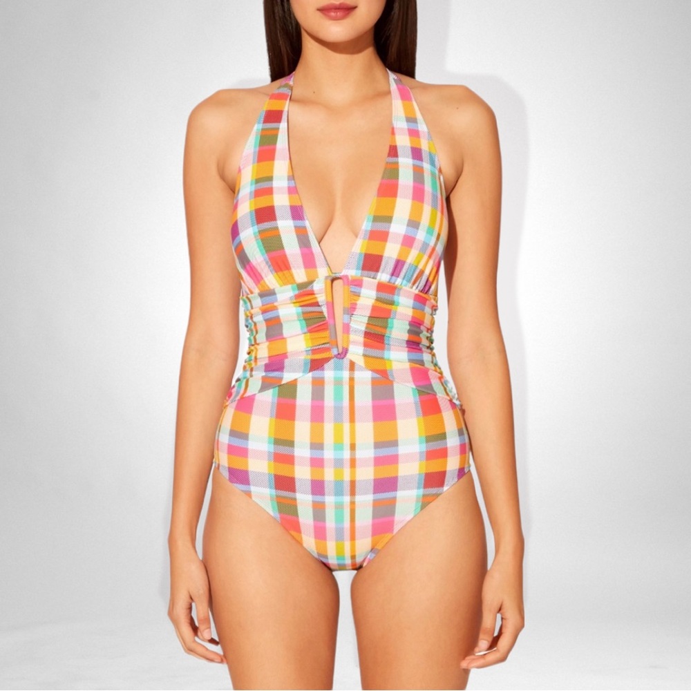 Into the Bleu by Amrex Multi Color Plaid Halter Plunge One-Piece Swimsuit